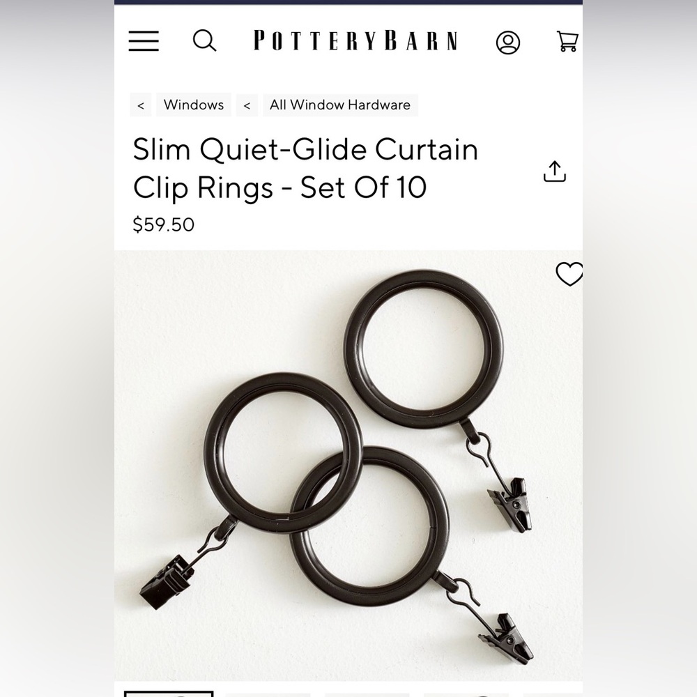 Pottery Barn Quiet-Glide Black Curtain Rings - Set of 9
